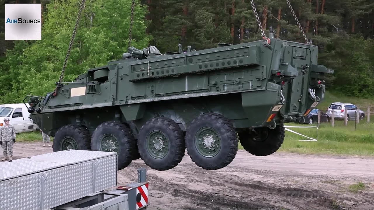 US Army Stryker Fighting Vehicle Offload. Latvia.