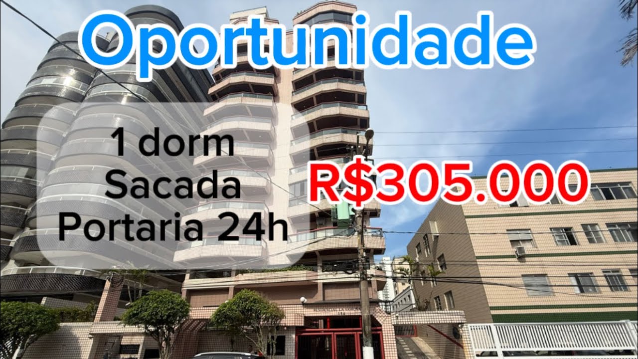 R$305.000 à vista | Tupi, Praia Grande | 1 Dormitório | Com Sacada | Vista Mar | 100m do Mar 