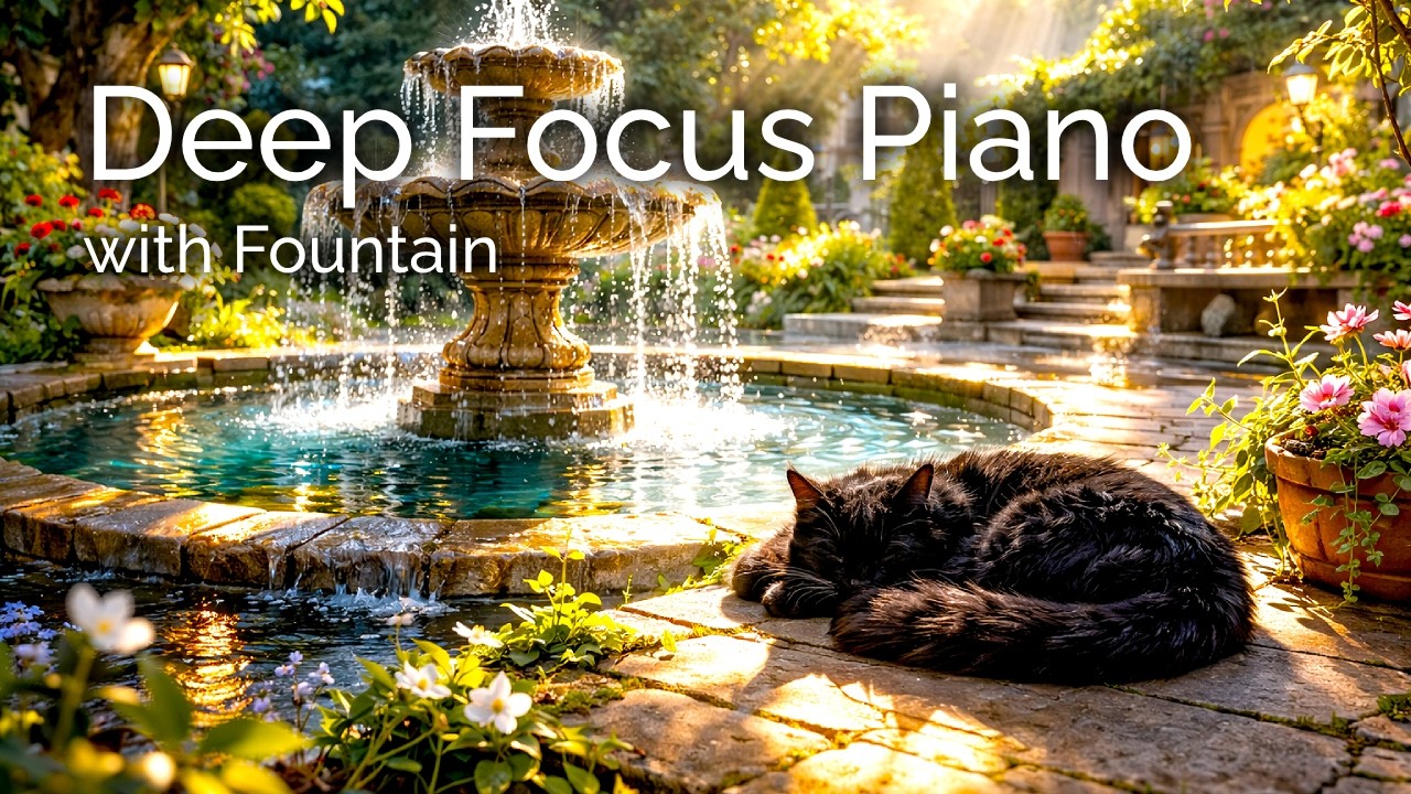 Deep Focus Piano with Fountain | Calm Water Ambience for Studying