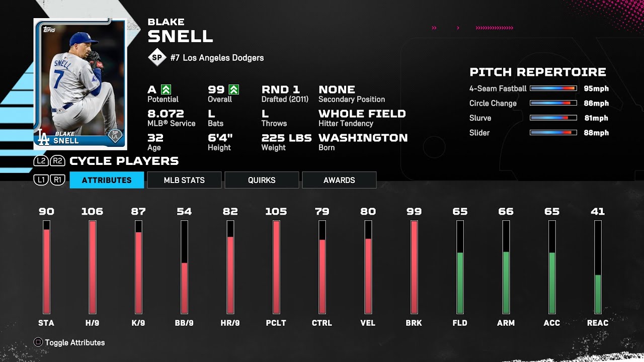 【MLBTheShow25Stats/メジャーリーグ選手能力】Dodgers 7 Blake Snell LAD ブレイク・スネル選手