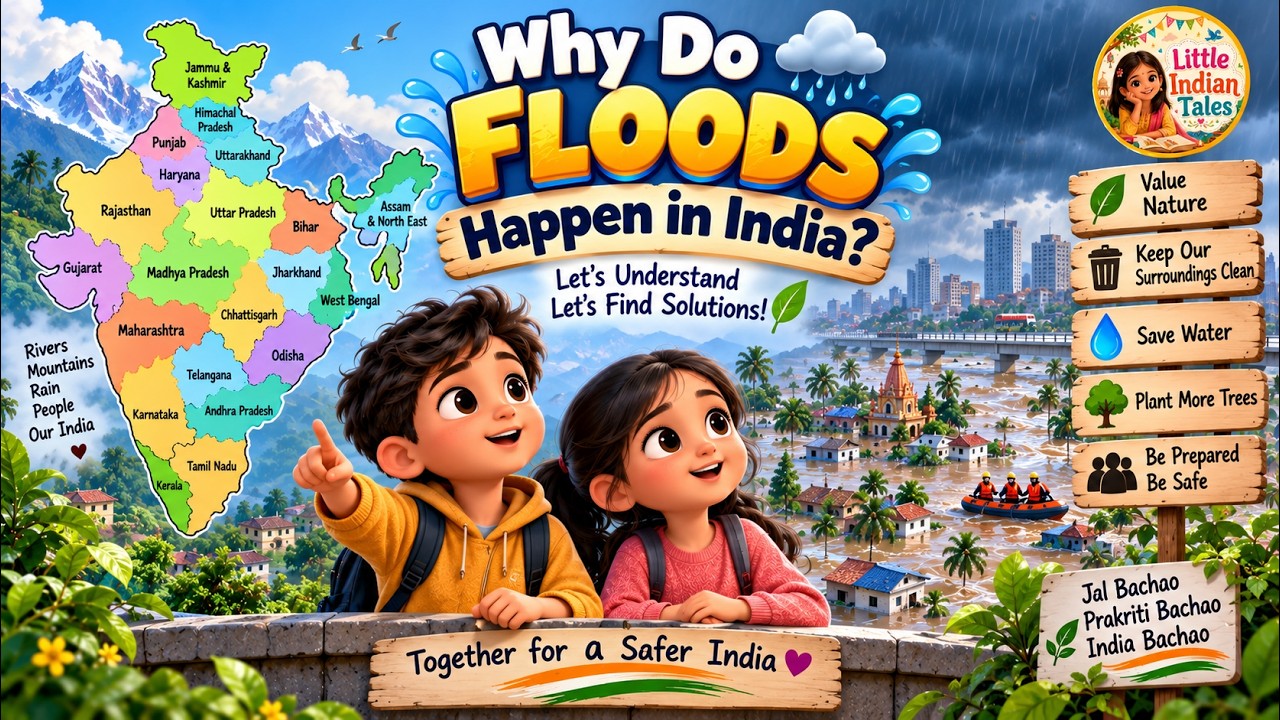 Why Do Floods Happen in India? 🌧️🌊 | Floods Explained for Kids | Little Indian Tales