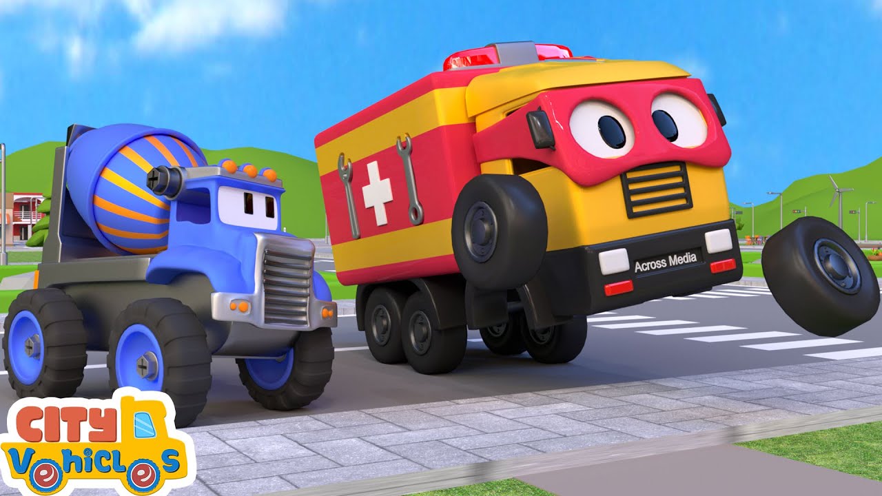 Super Ladder truck pick up football for dump truck— -bulldozer tractor and crane truck for kids.