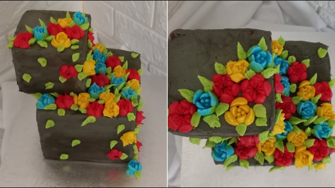 Concrete Buttercream Square Cake design with Russian flower piping tip | 2 tier cake 