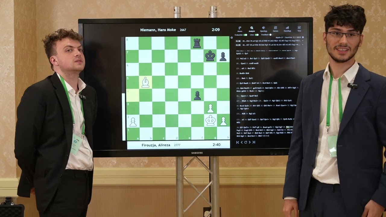 Alireza Firouzja and Hans Niemann analyse their game in the live broadcast | FIDE Grand Swiss