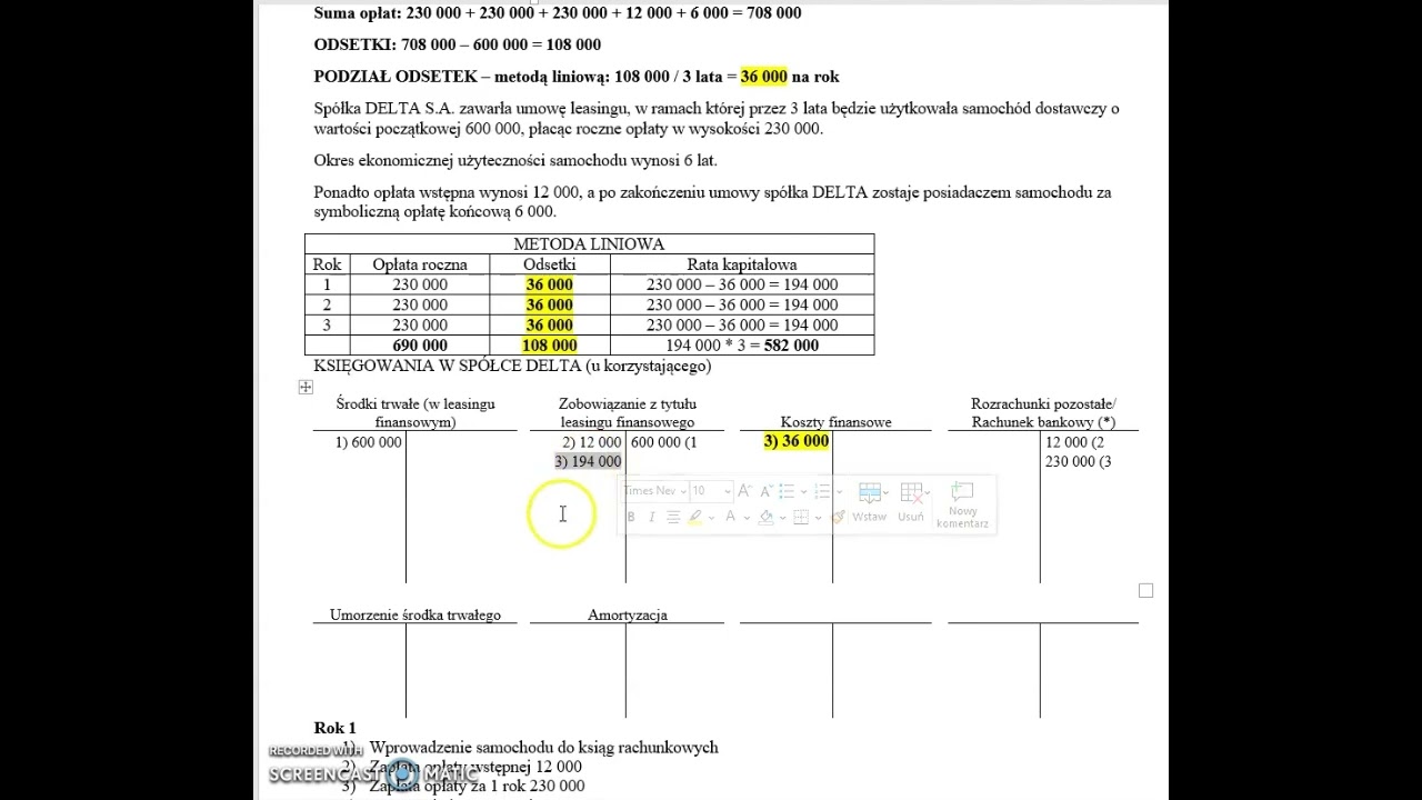 Odcinek 15.2. Leasing finansowy - podział metodą liniową oraz KSIĘGOWANIE. (Zadanie M 3.3.A część I)