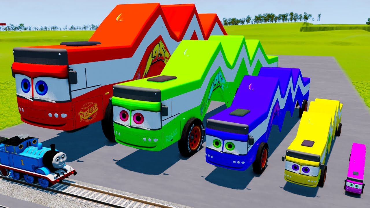 Big & Small Long Articulated Bus Lightning Mcqueen - LONG CAR vs Funny Car - BeamNG.Drive