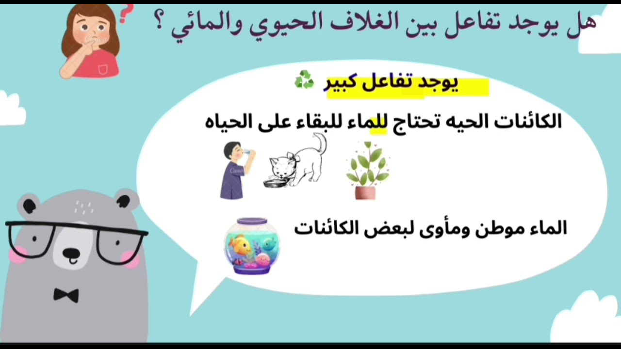 شرح الدرس الاول علوم سنه خامسه ترم ثاني التفاعلات بين الغلاف الحيوي والمائي ♻️