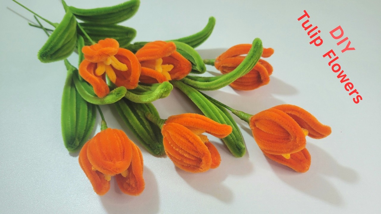How to Make Pipe Cleaner Tulip Flowers ? Orange & Yellow Chenille Wire  Bouquet Flowers.