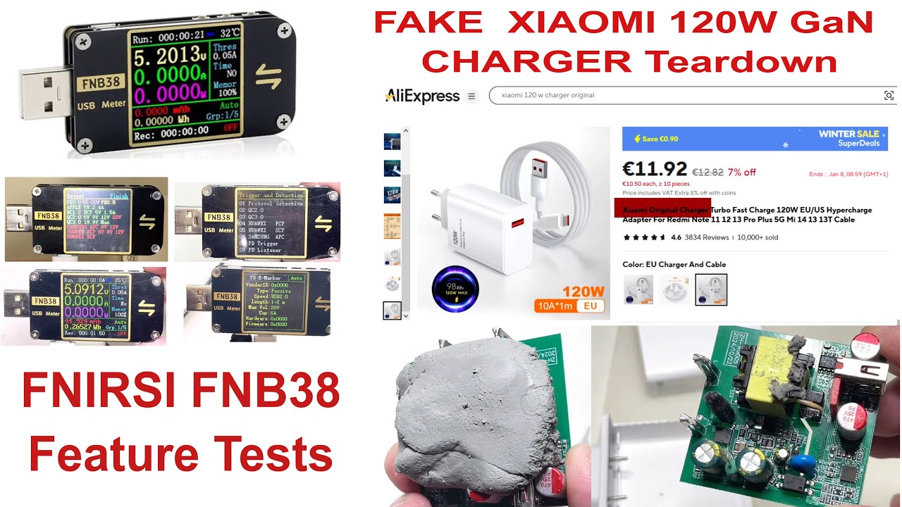 FNIRSI FNB38 Features Test(PD, QC, EMarker), FAKE XIAOMI 120W Charger Teardown