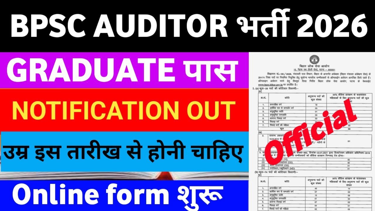 BPSC AUDITOR भर्ती 2026 || Notification out || Online form शुरू || उम्र इस तारीख से होनी चाहिए ||
