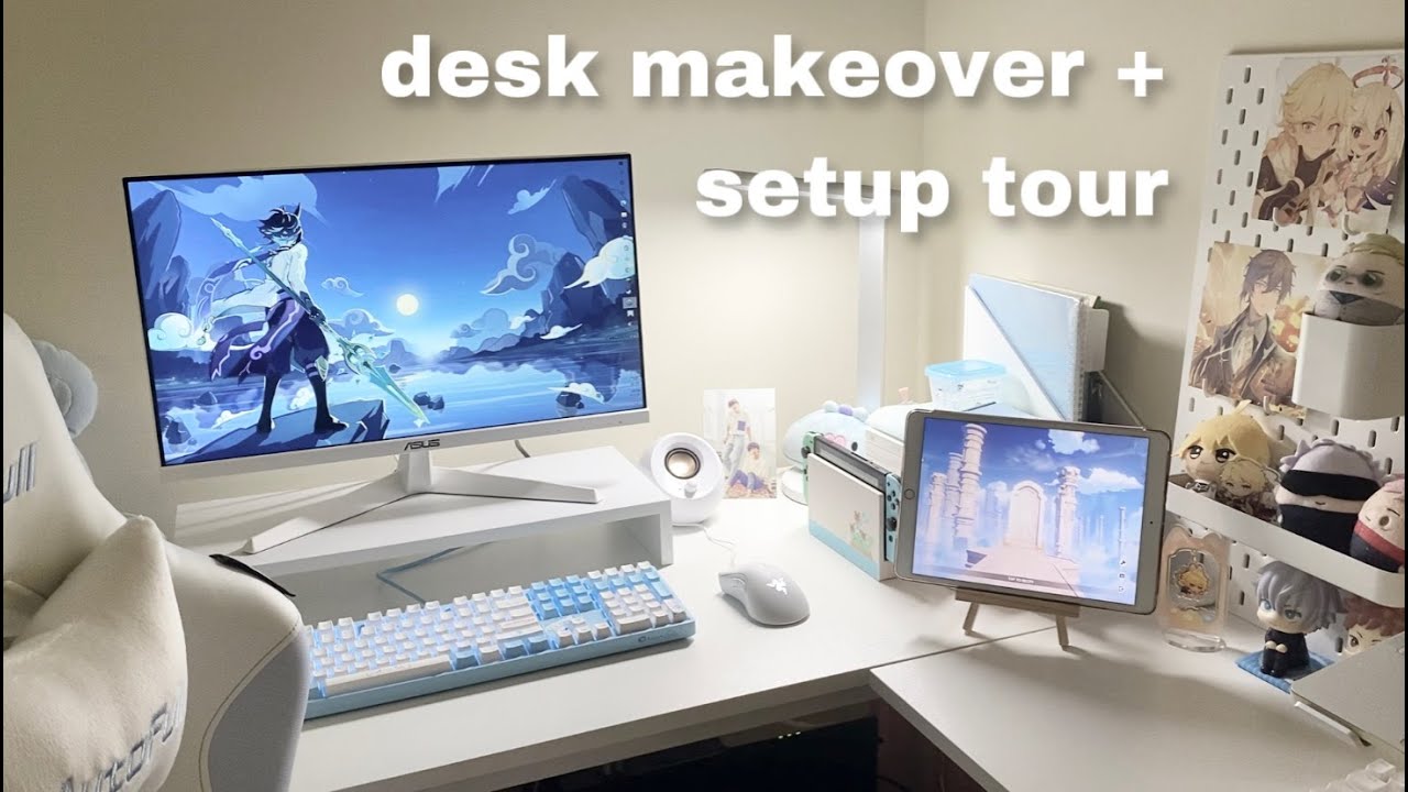 aesthetic desk makeover & white setup tour ☁️ anime / kpop decor, ikea pegboard, pinterest inspired