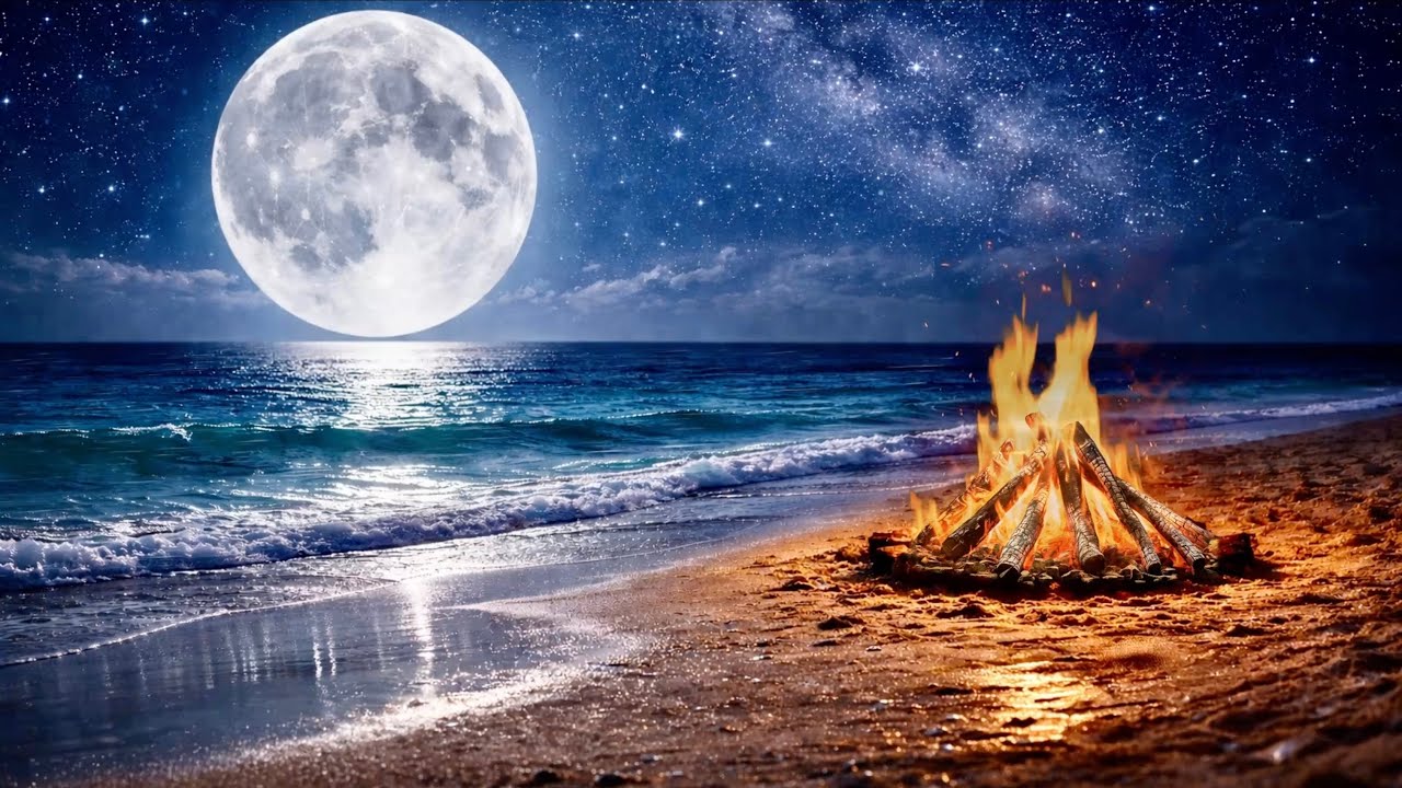 Relaxing Beach Wave Sounds with Full Moon and Bonfire