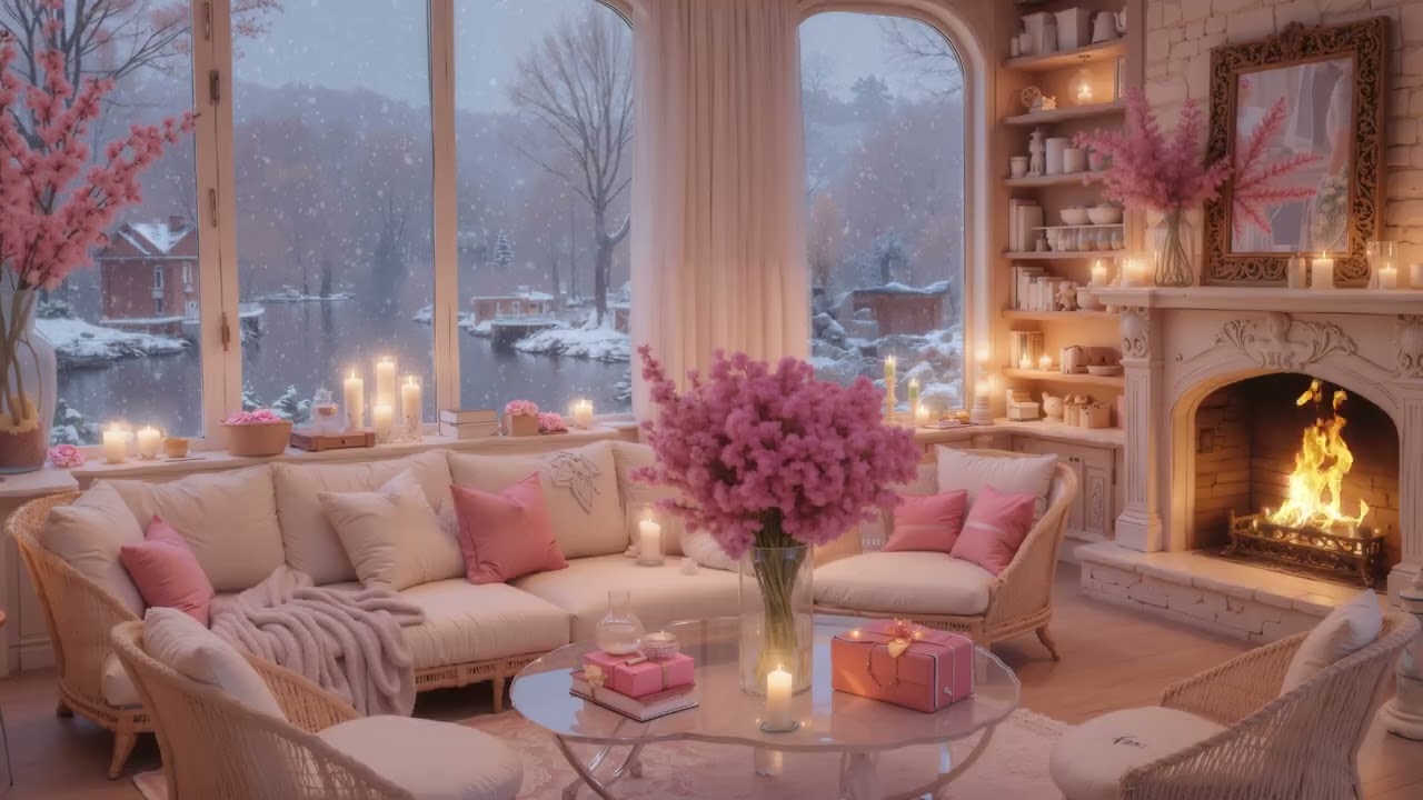 🎹🤍Calm Winter Piano Sounds | Peaceful PINK LOUNGE with Snow Falling for Focus, Healing & Relaxation