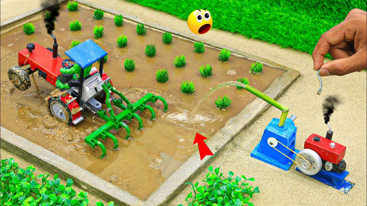 diy mini tractor planting paddy by using  water pump | mini water pump system  @sanocreator