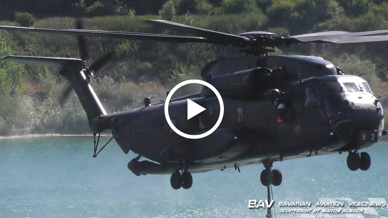Sikorsky CH-53GE - German Air Force 84+82 - water bucket refilling at Lechfeld | Clearwater22