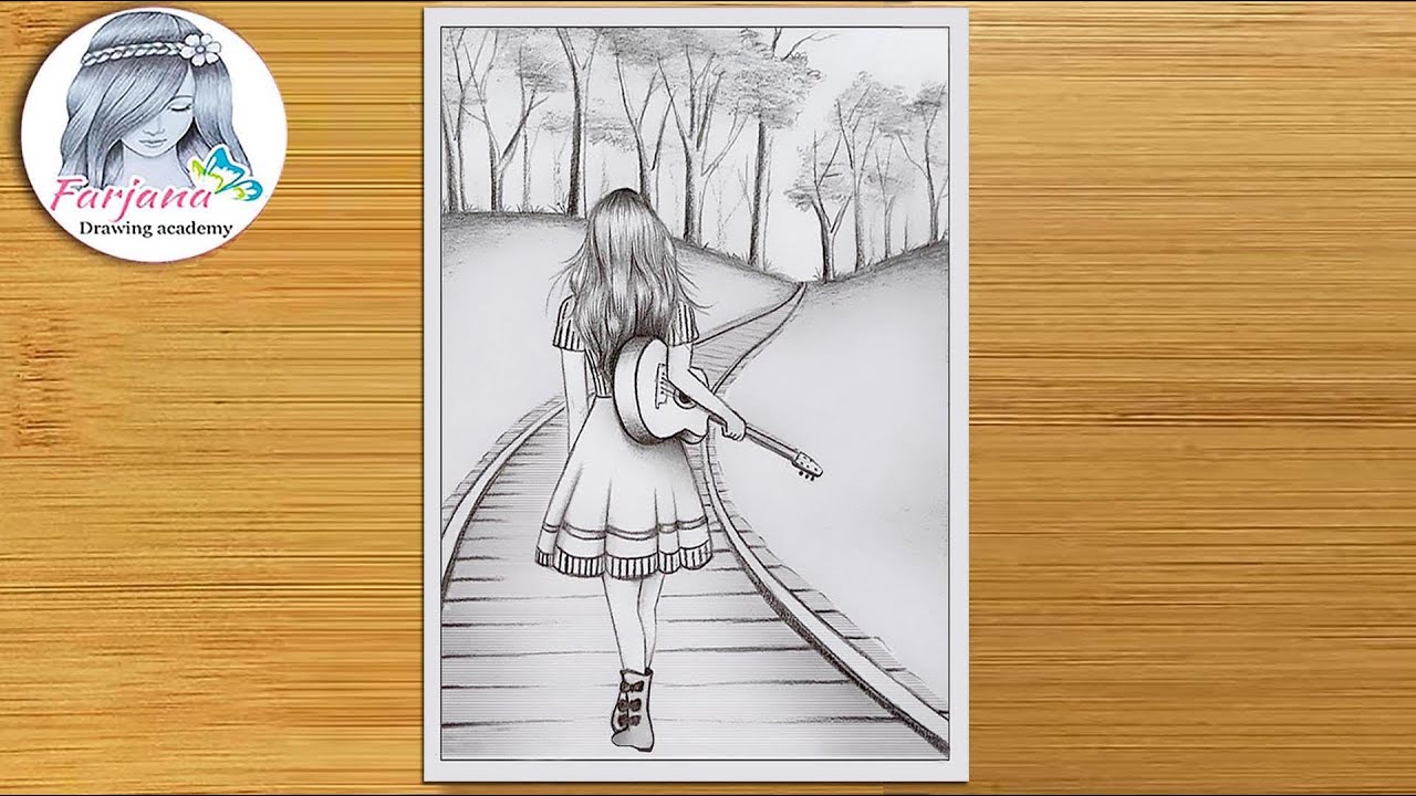 How to draw a scenery of a girl walking alone on a railway line with her guitar  || pencil sketch