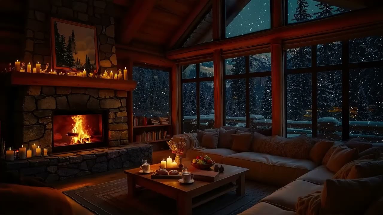3 HOURS Luxury Cozy Cabin Fireplace Ambience ❄️🔥 | Crackling Fire + Snowy Window (No Music)