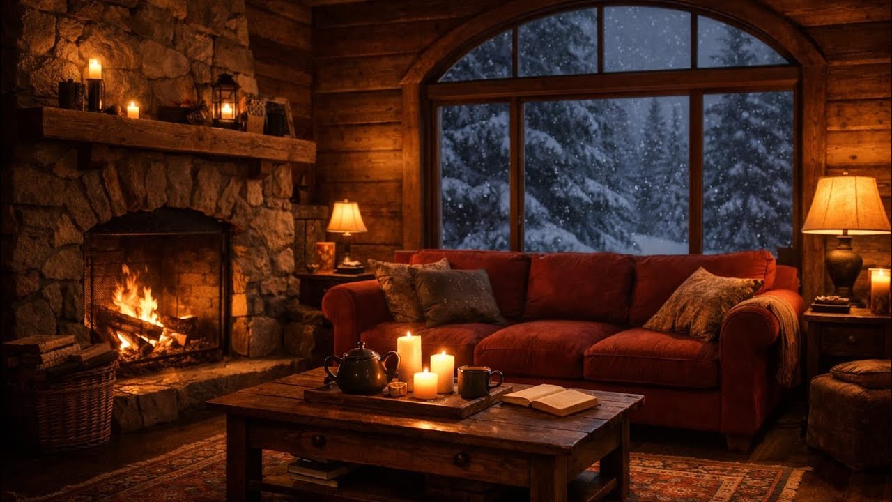 Snowfall Outside the Cafe ❄️ Cozy Fireplace Jazz for Sleep, Insomnia & Relax