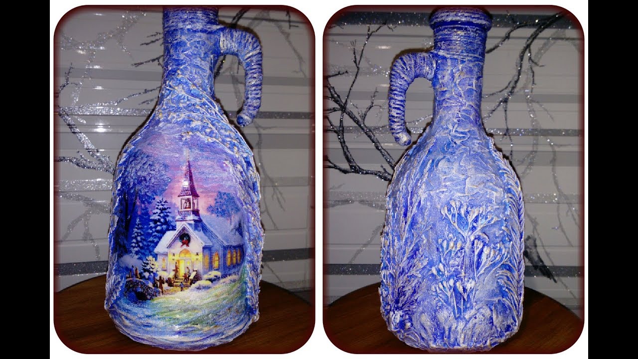 Зимний декупаж бутылки. Техника Терра. Diy.