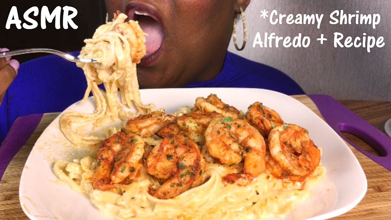 ASMR 🌶 Spicy Shrimp Fettuccine Alfredo + Recipe and Eating Sounds