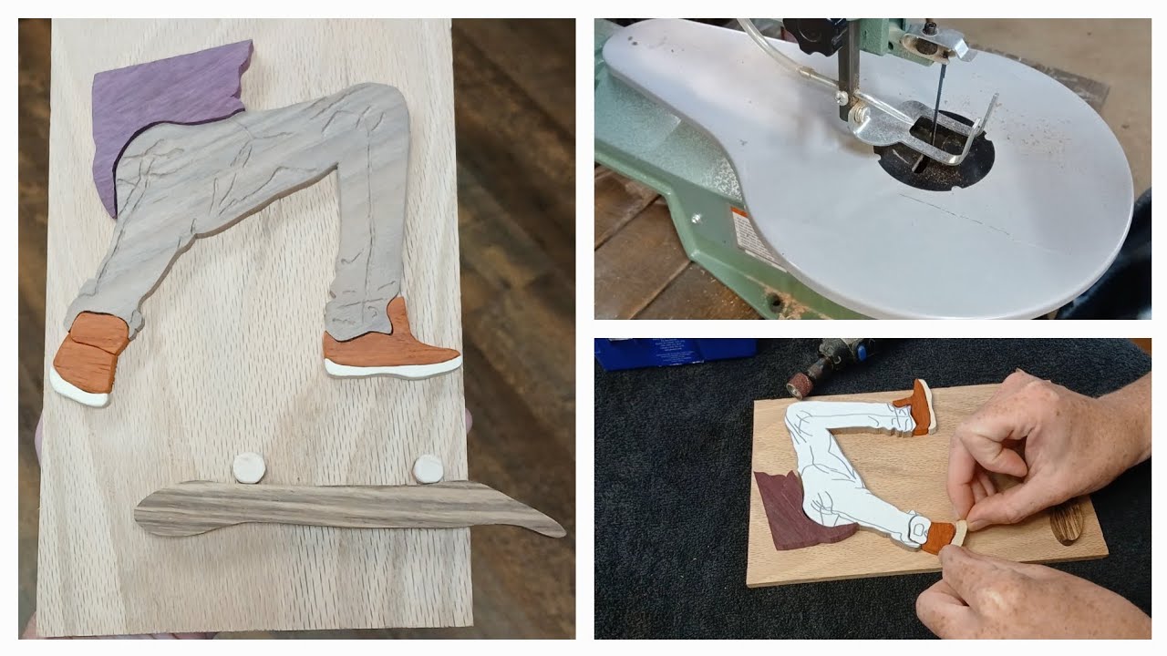 Scroll Saw Intarsia Skater all natural wood colors 