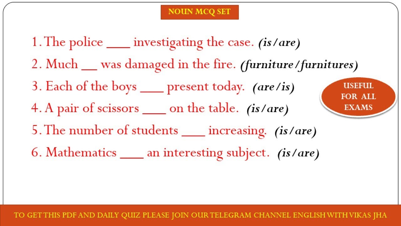 Top Noun MCQ Questions with Answers for SSC DSSSB BPSC and Other Exams | Top Grammar MCQs For Exams 