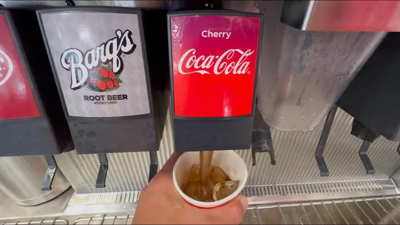 Getting Soda Refills Drink at Soda Fountain Machines Coke Pepsi Dr Pepper Mountain Dew Sprite Starry