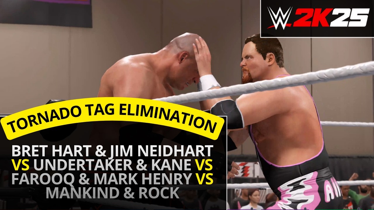 WWE 2K25 – Bret Hart & Jim Neidhart vs Undertaker & Kane (4 Way Tornado Tag Elimination)