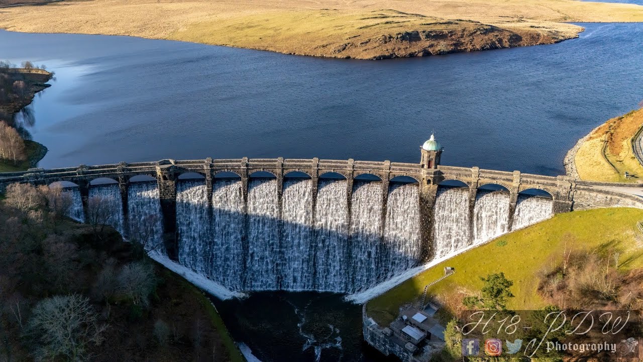 Elan Valley overflowing dams. Taken at ground level and above.