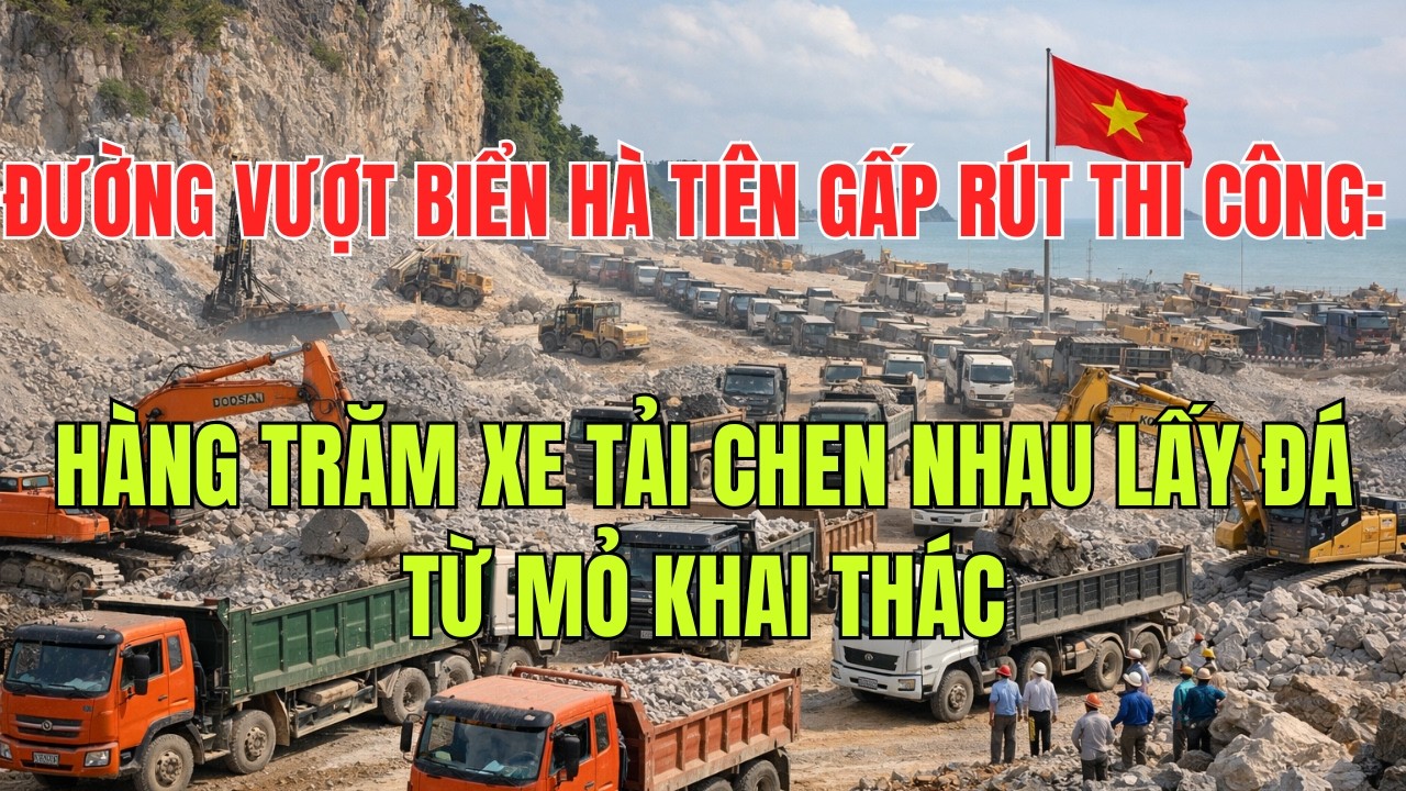 Đường Vượt Biển Hà Tiên Gấp Rút Thi Công: Hàng Trăm Xe Tải Chen Nhau Lấy Đá Từ Mỏ Khai Thác