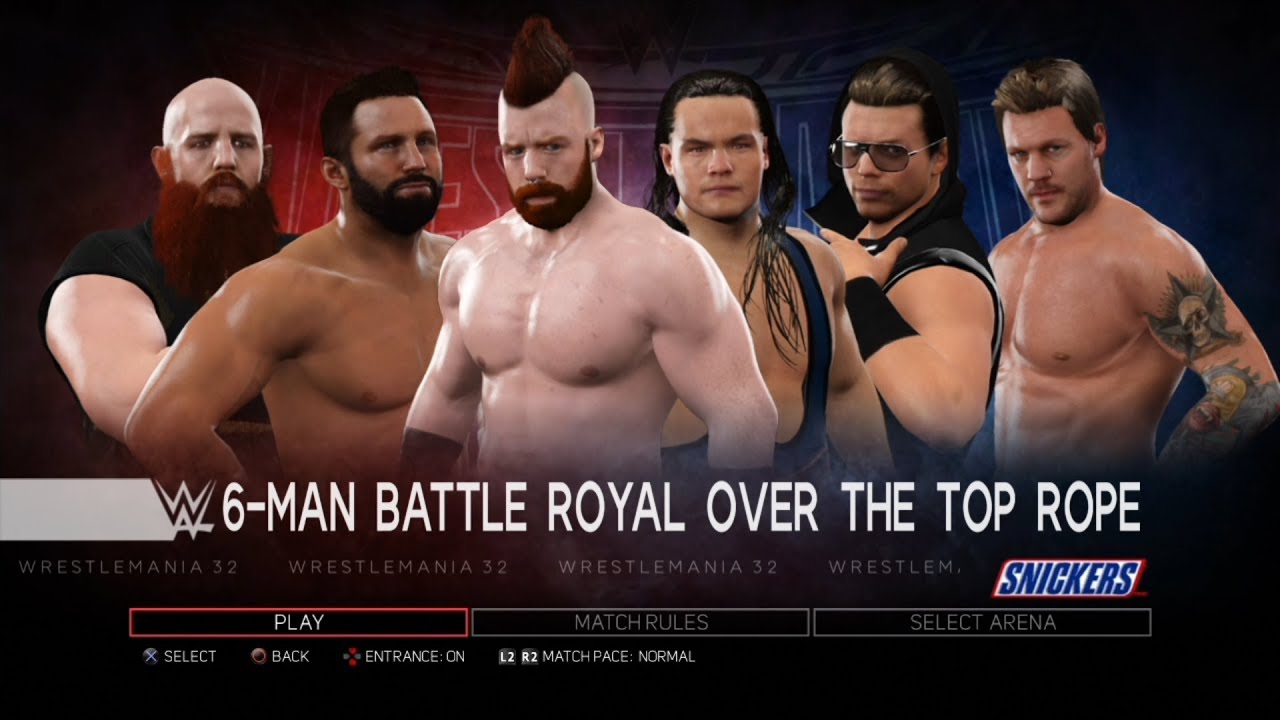 WWE 2K17-Шимус, БоДаллас, ЗакРайдер, Миз, Эрик Роуэн, Крис Джерико-6-ManBattleRoyalOvertheTopRope