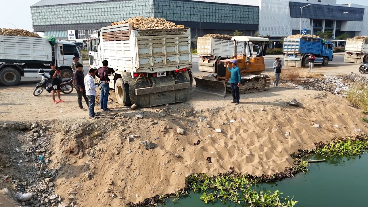 Process Nicely JOB!! Great Action Dump Trucks 5ton dumping Soil & Dozer KomatSu push to water