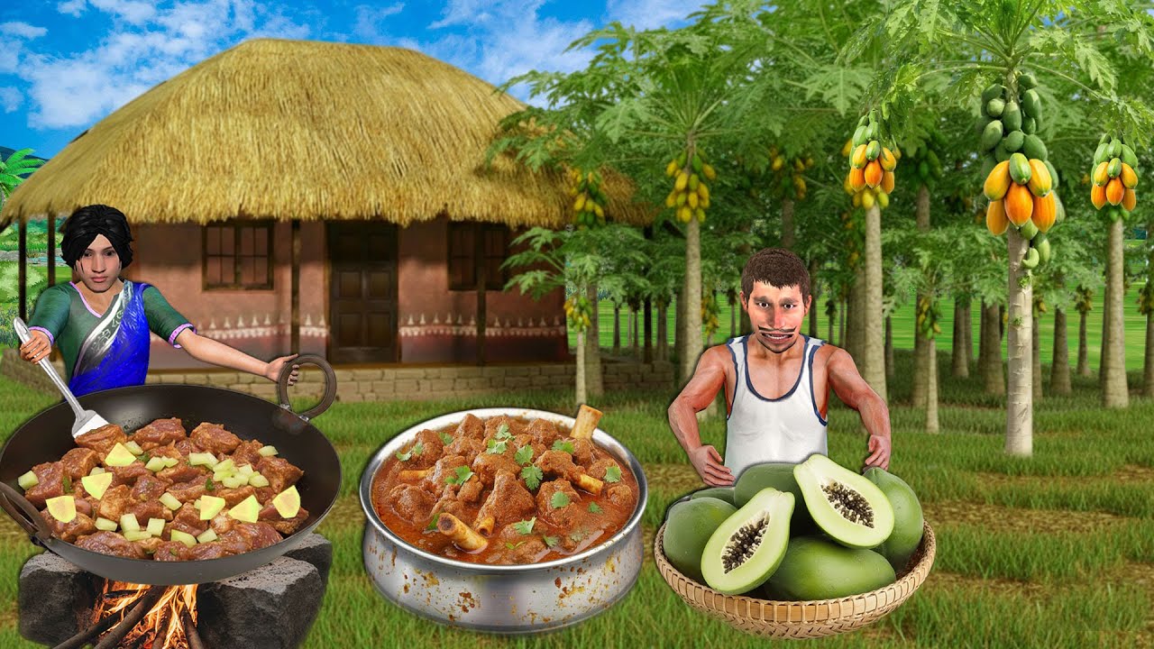 Papaya Mutton Curry Recipe Garib Bahu Cooking Mutton Curry Hindi Kahani Moral Stories Comedy Video