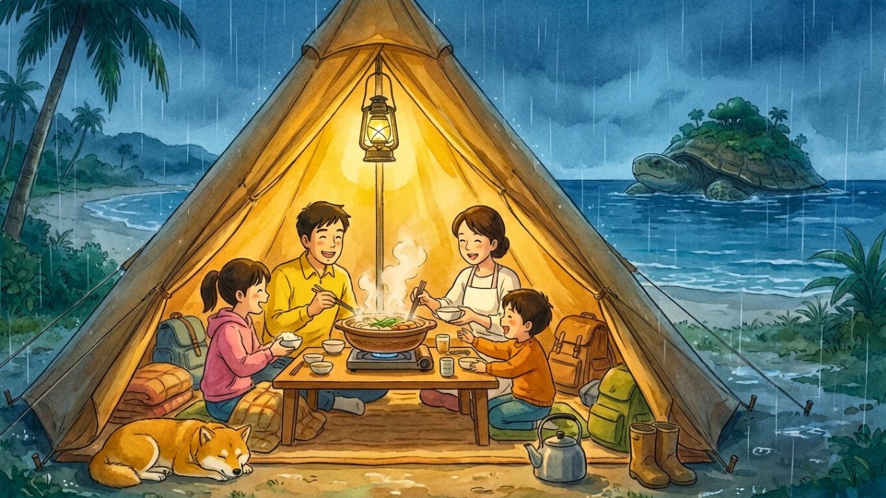 Rainy Day Camping on Turtle Island with Family Hot Pot & Ocean Waves | Ghibli-Style ASMR