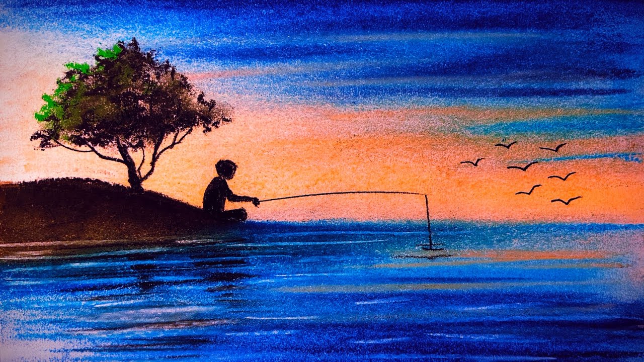 How to draw a Beautiful fishing scene 