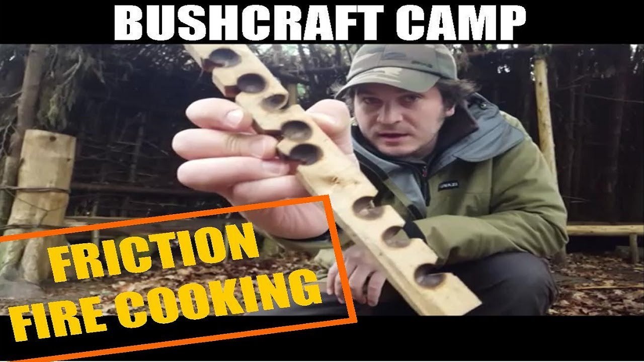 BUSHCRAFT CAMP COOKING - Friction Fire, Kebabs & Vine Pot Hanger