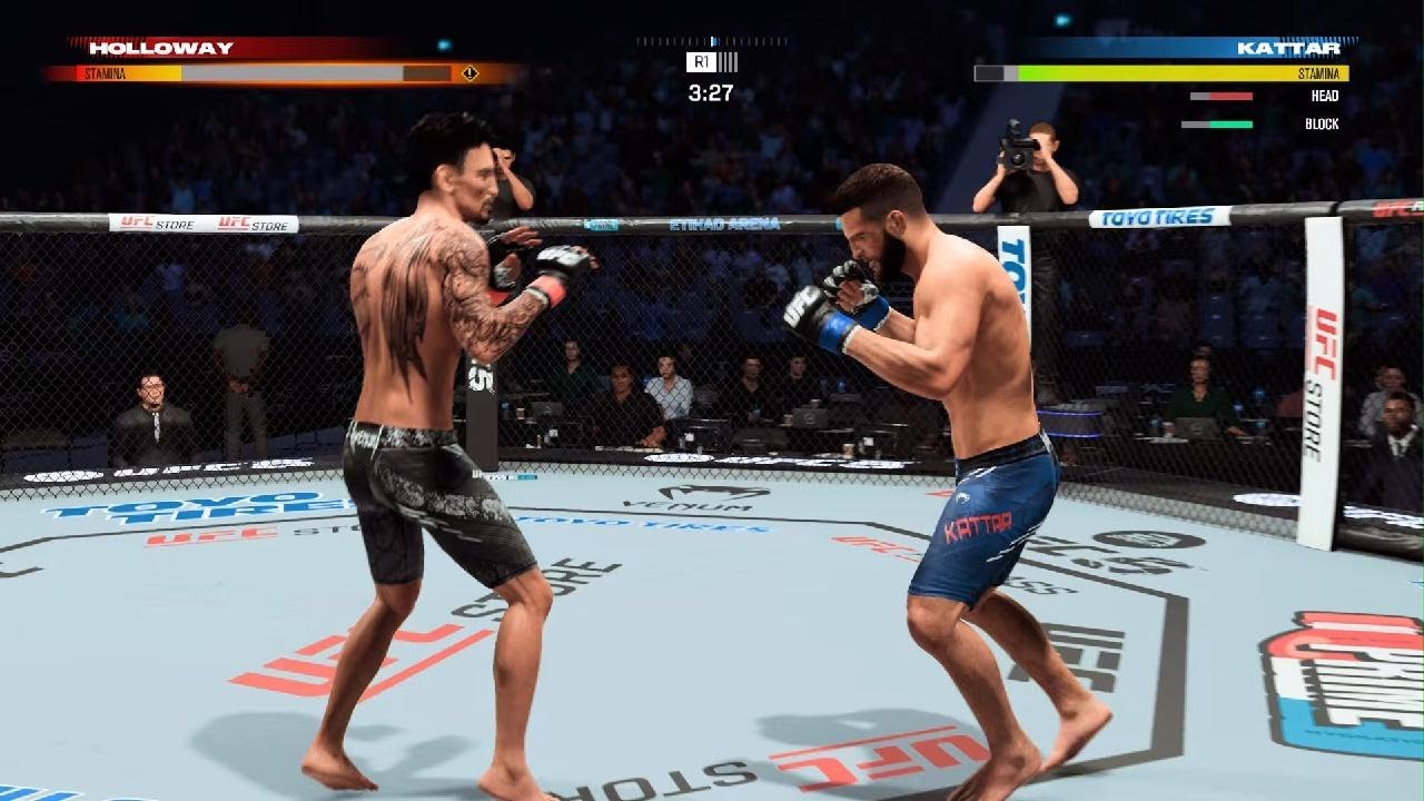 EA SPORTS UFC 5 opponent blocks body while Max Holloway throws overhand and Ko's him