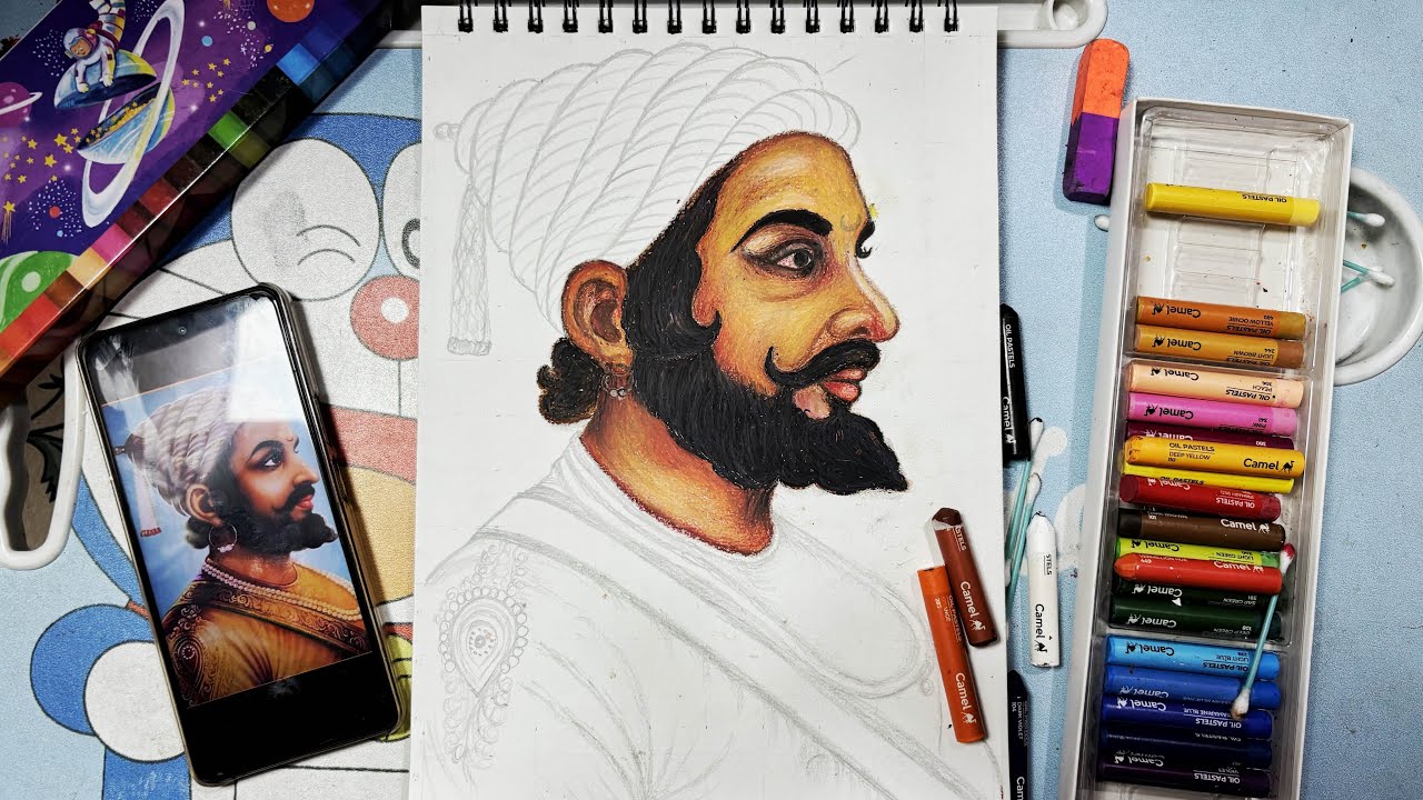 Chhatrapati Shivaji Maharaj Drawing, Oil Pastel Drawing, Step By Step Tutorial 🚩