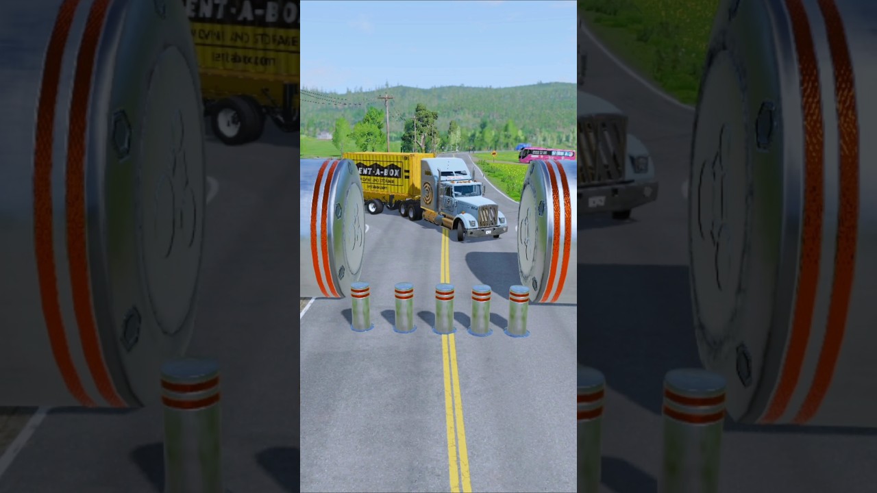 Kolorowe ciężar&oacute;wki z długimi ładunkami i autobus szkolny zderzają się ze słupkami &ndash; BeamNG.drive...