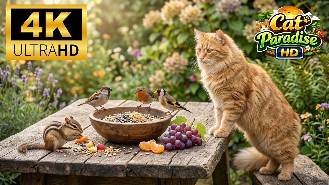 Cat TV БЕЗ РЕКЛАМЫ 🐦 Птицы и Белки Едят у Садового Фонтана 🐿️ Видео для Кошек