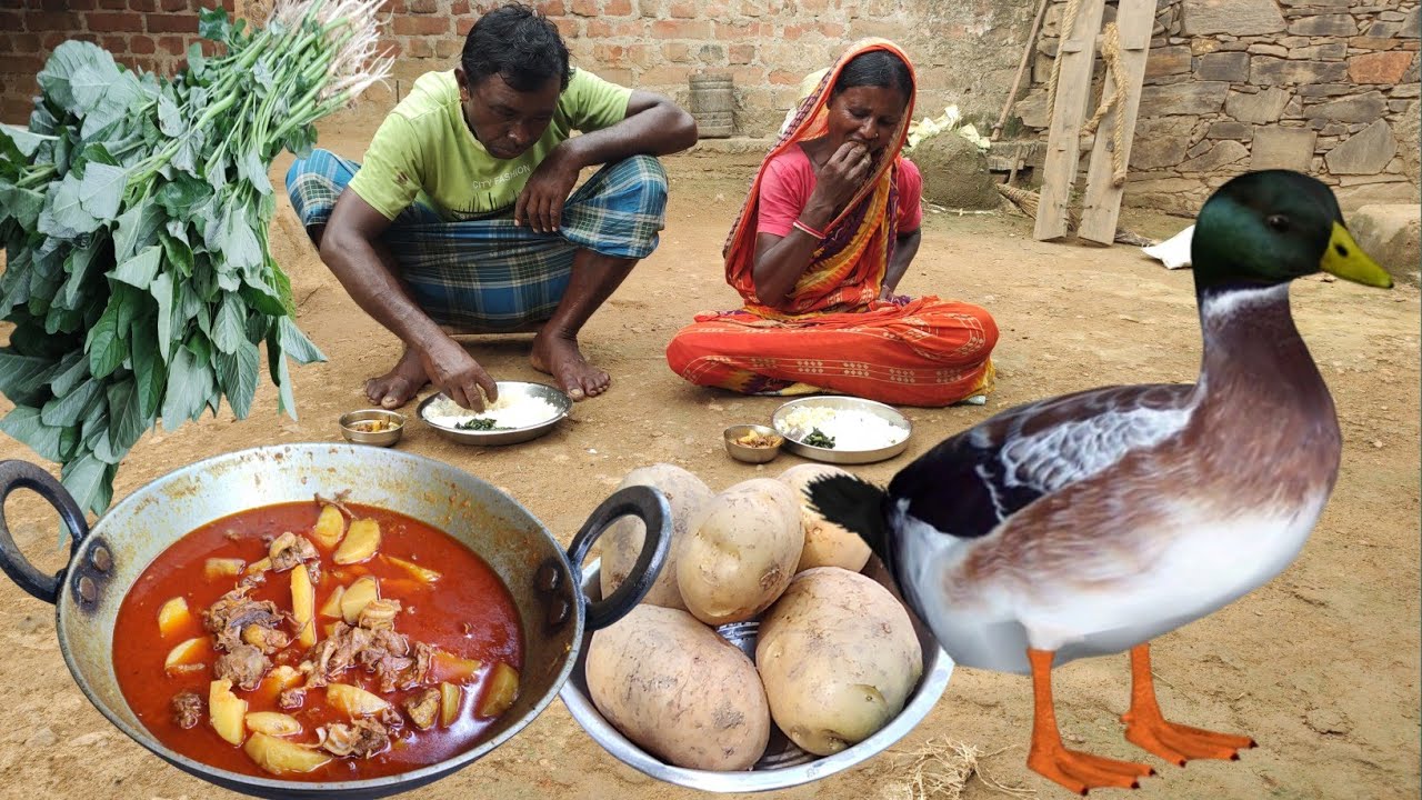 black DUCK MEAT CURRY cooking with potato and shak vaji cooking|tribal home cooking|village life