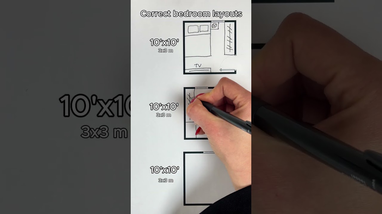 3 correct layouts for a 10x10 ft (3x3m) bedroom floor plan
