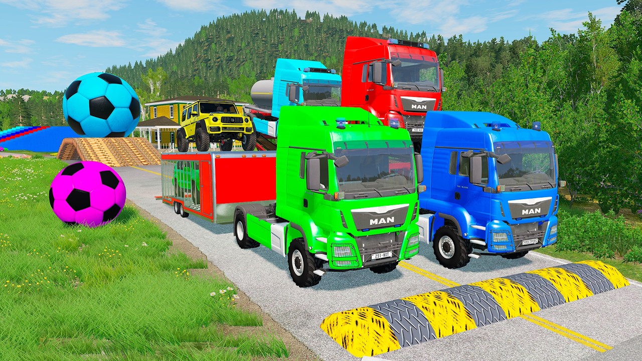 Double Flatbed Trailer Truck vs Speedbumps Train vs Cars | Tractor vs Train Beamng.Drive 0142