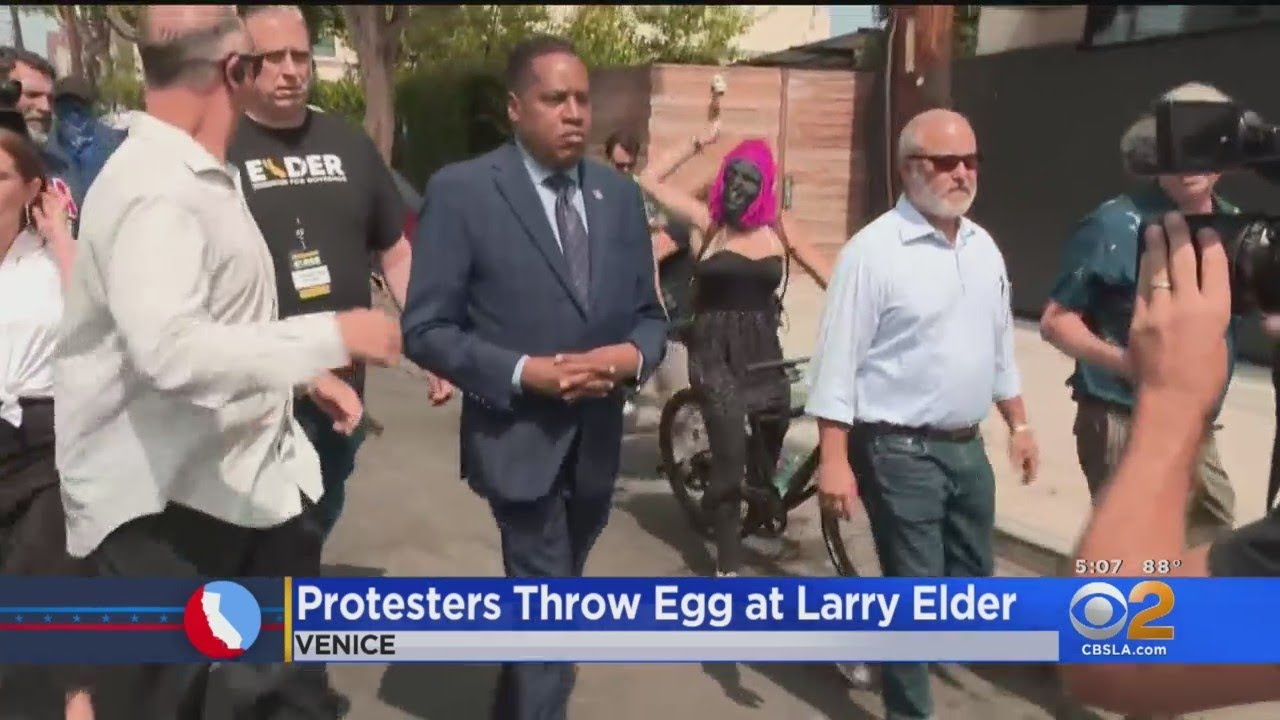 Protester Wearing Gorilla Mask Throws Egg At Recall Candidate Larry Elder; Venice Tour Cut Short