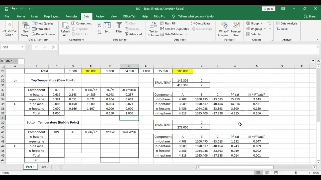 Multicomponent Distillation Calculation |  Determine the dew point and bubble point temperature.