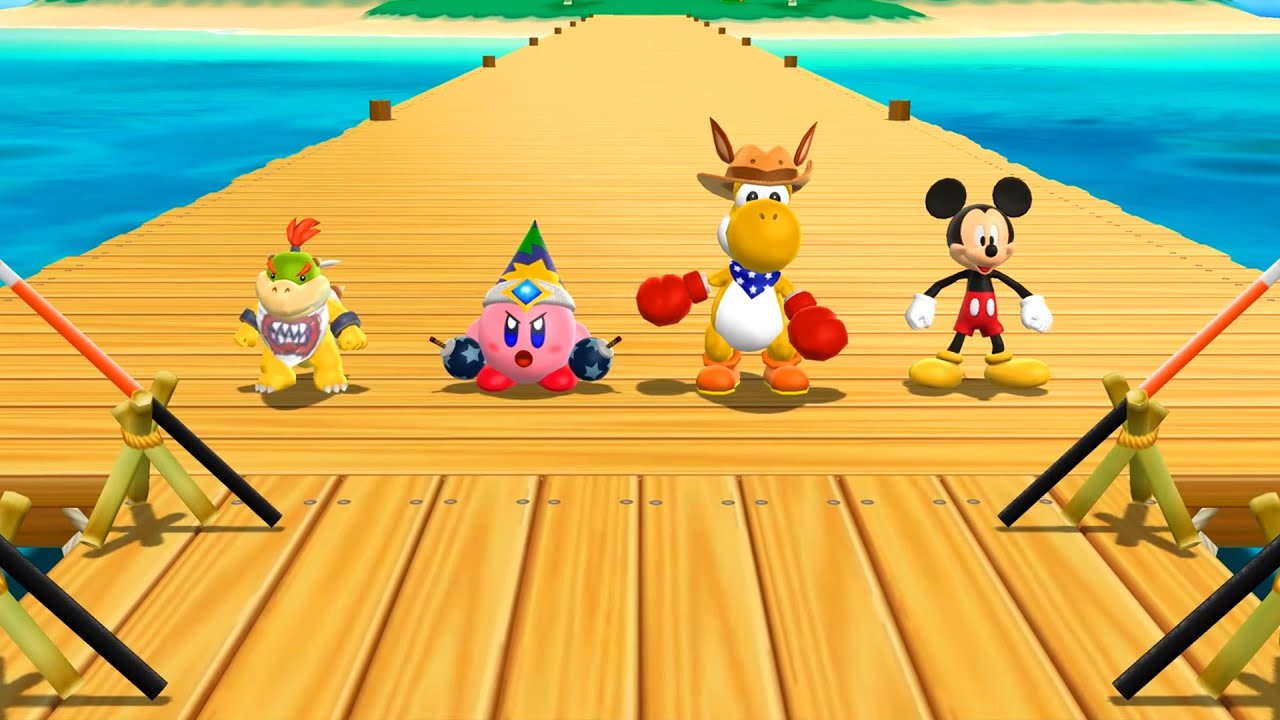 Step It Up 7 Wins Minigames - Bowser Jr. vs Kirby vs Yoshi vs Mickey Mouse | Mario Party 9