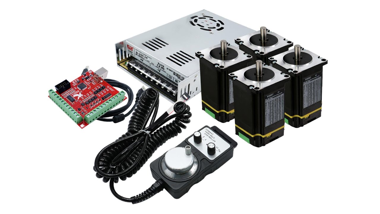 HLTNC Nema 23 Integrated Motor Kit 4 Axis 2Nm Close Loop Stepper Motor + MACH3 MPG Power 100-240v AC