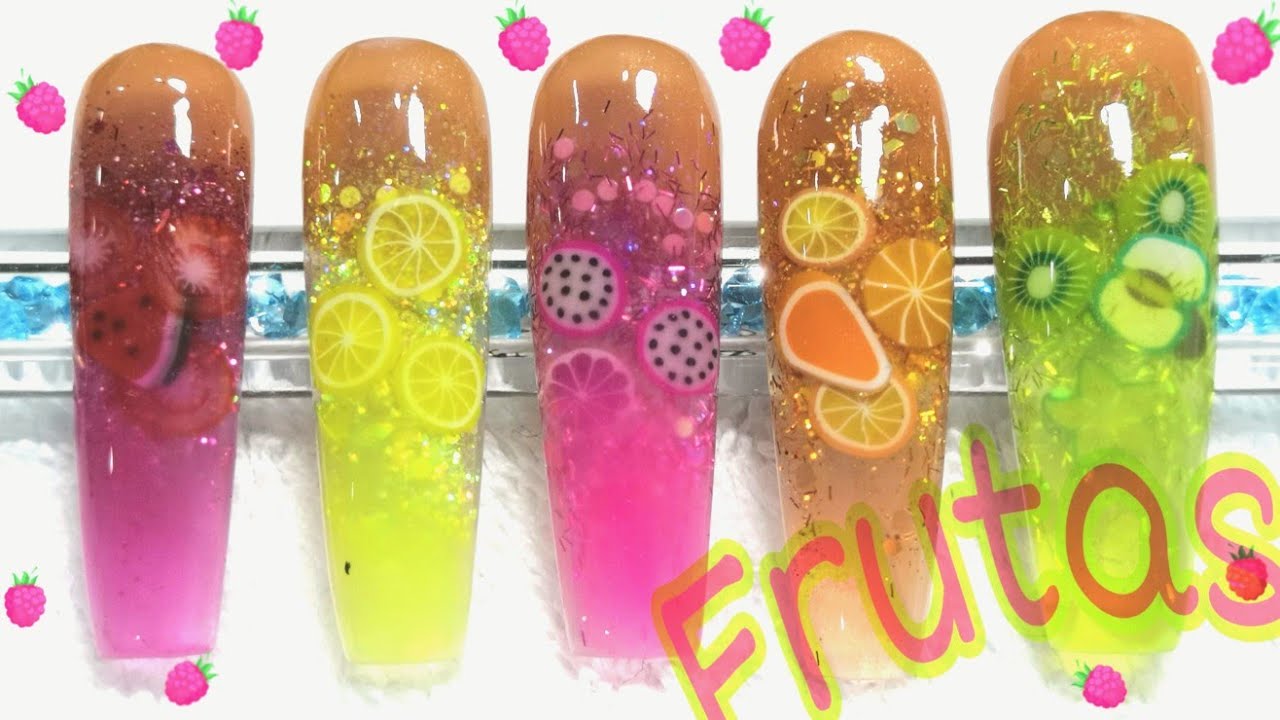 Uñas acrílicas con fimos de frutas🍉🥝