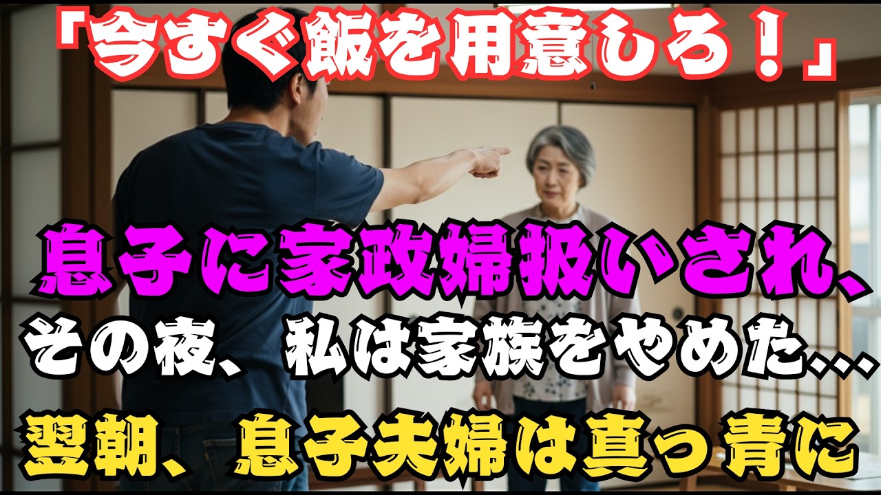 息子「早く飯用意しろ」家政婦扱いに耐えかねて家族を辞めた私。翌朝、息子夫婦の顔面を蒼白にさせた電話の相手とは…【60代以上の方へ】.
