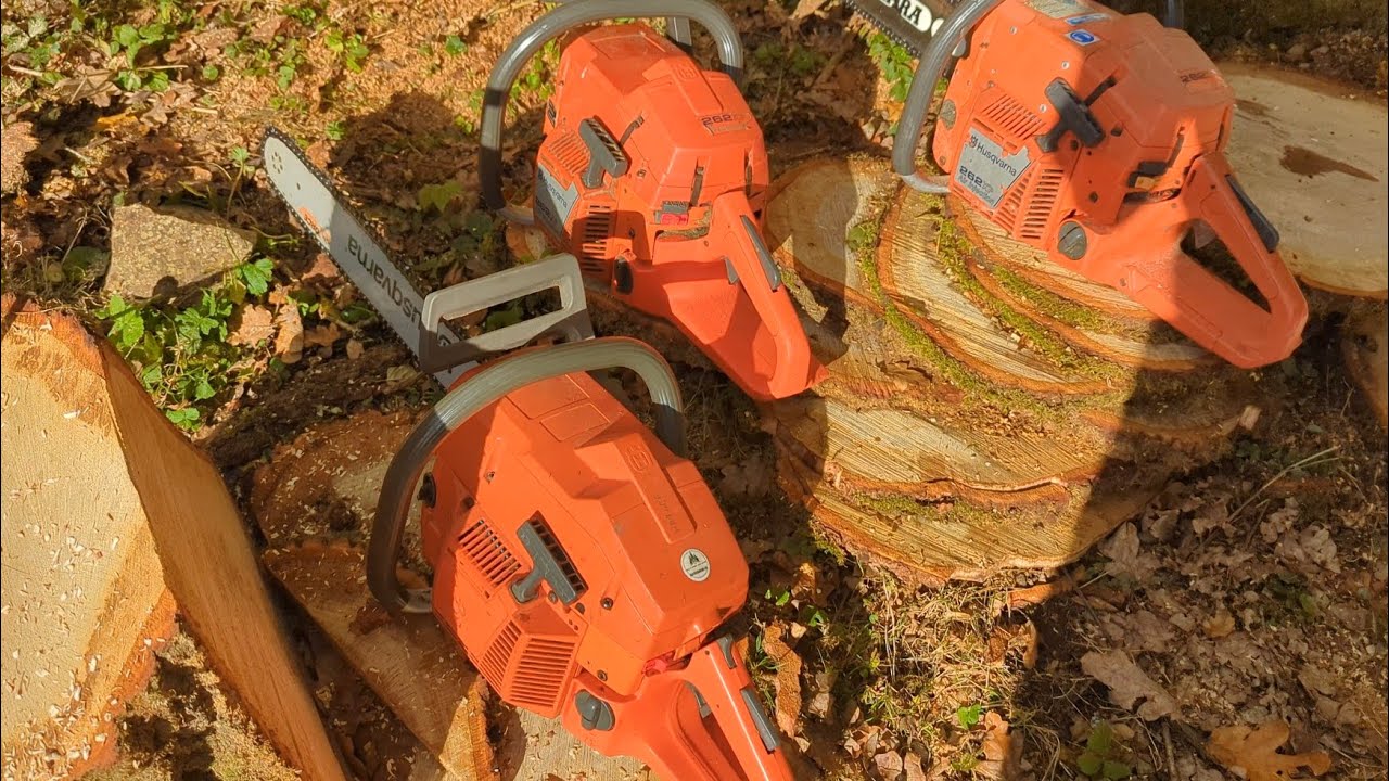 Modified 80's Husqvarna race! 262xp vs 266xp - timed cuts.. 60cc chainsaws cutting oak.